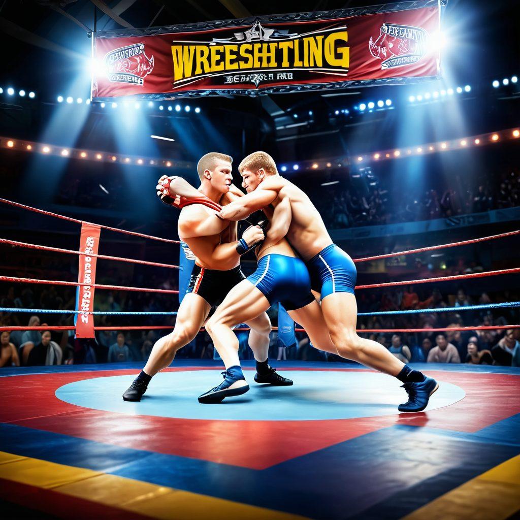 A dynamic scene of two wrestlers grappling in a colorful training gym, surrounded by banners showcasing wrestling tournaments. The background features a cheering crowd, an array of trophies, and posters of legendary wrestlers. Bright spotlights illuminate the action, creating an exciting atmosphere. Emphasize various wrestling techniques with motion blur effects. super-realistic. vibrant colors. 3D.