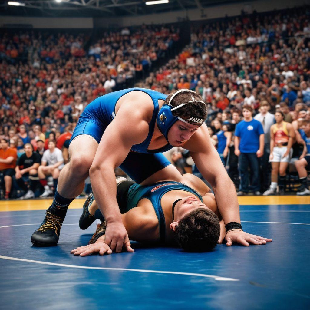 A dynamic scene showcasing a high school wrestling match transitioning into a professional wrestling competition. The left side features a young wrestler grappling on a high school mat, while the right side displays a larger-than-life pro wrestler in an arena filled with cheering fans. Use vivid colors to bring out the excitement and energy of both environments. The image should emphasize the journey and evolution of a wrestler. vibrant colors. super-realistic.